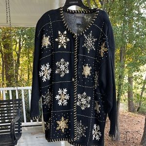 Beautiful Black Lane Bryant embellished snowflake holiday cardigan sweater 26/28
